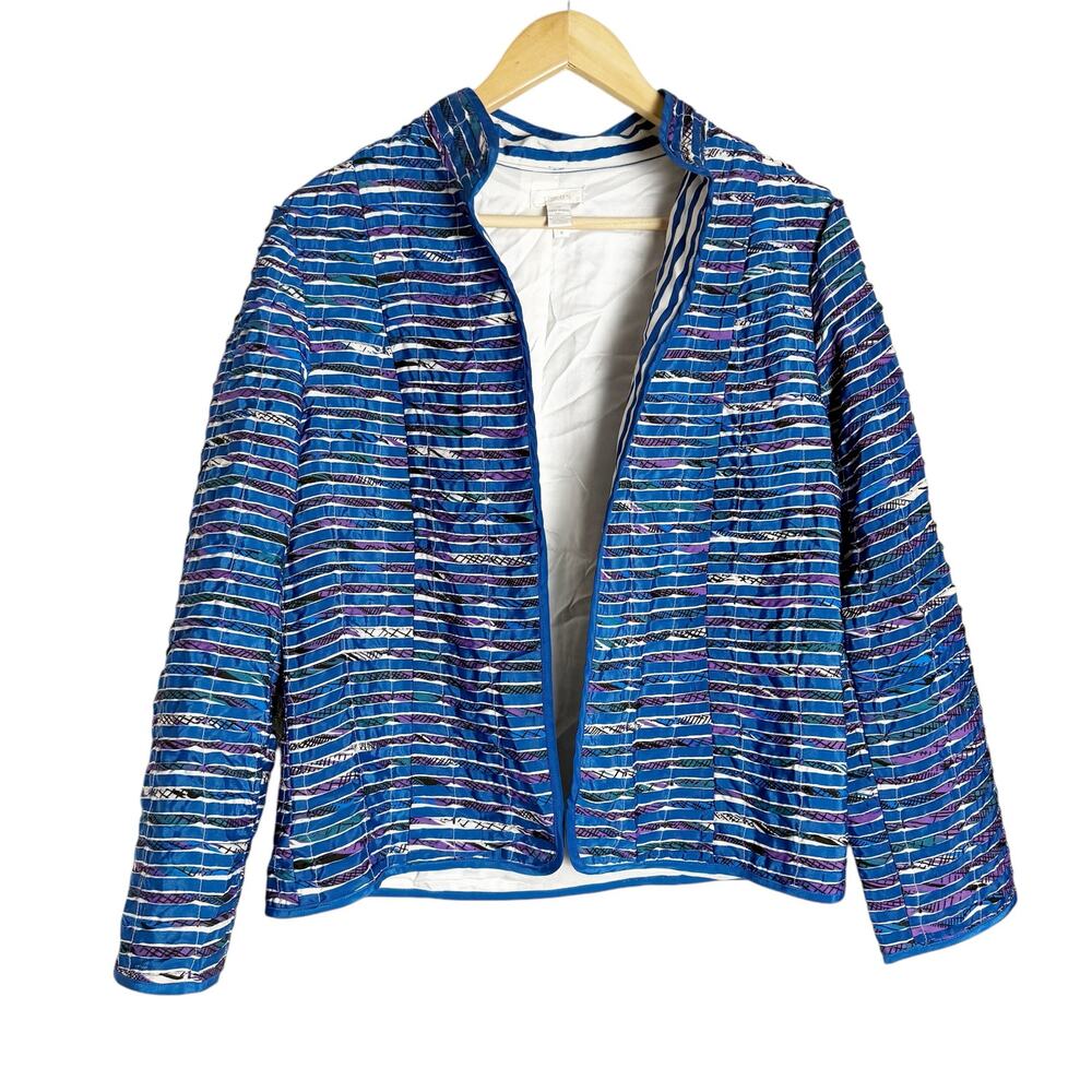 Chico’s Blue Purple Geometric Striped Open Front Jacket Size US 8